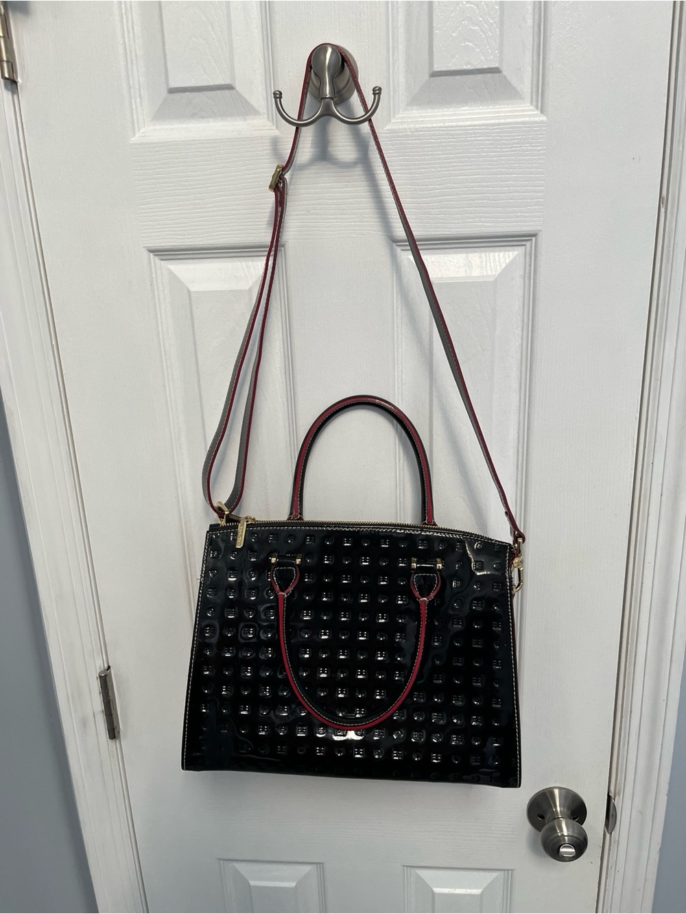 Arcadia Italy Black Patent Leather Red Trim Top Handle Crossbody Strap